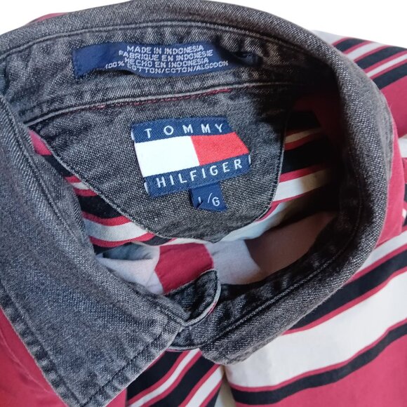 Vintage Men's Shirt Large 1990's Tommy Hilfiger Brush Popper Striped All Cotton - Picture 4 of 7